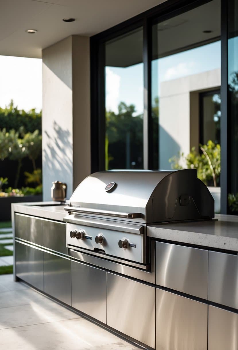 An integrated built-in stainless steel grill in a modern outdoor kitchen setting with countertops and greenery in the background.