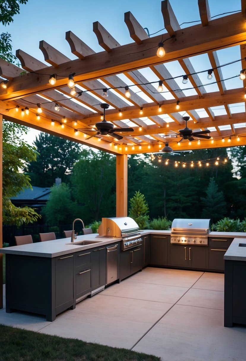 Outdoor kitchen area under a cedar pergola with string lights and ceiling fans.