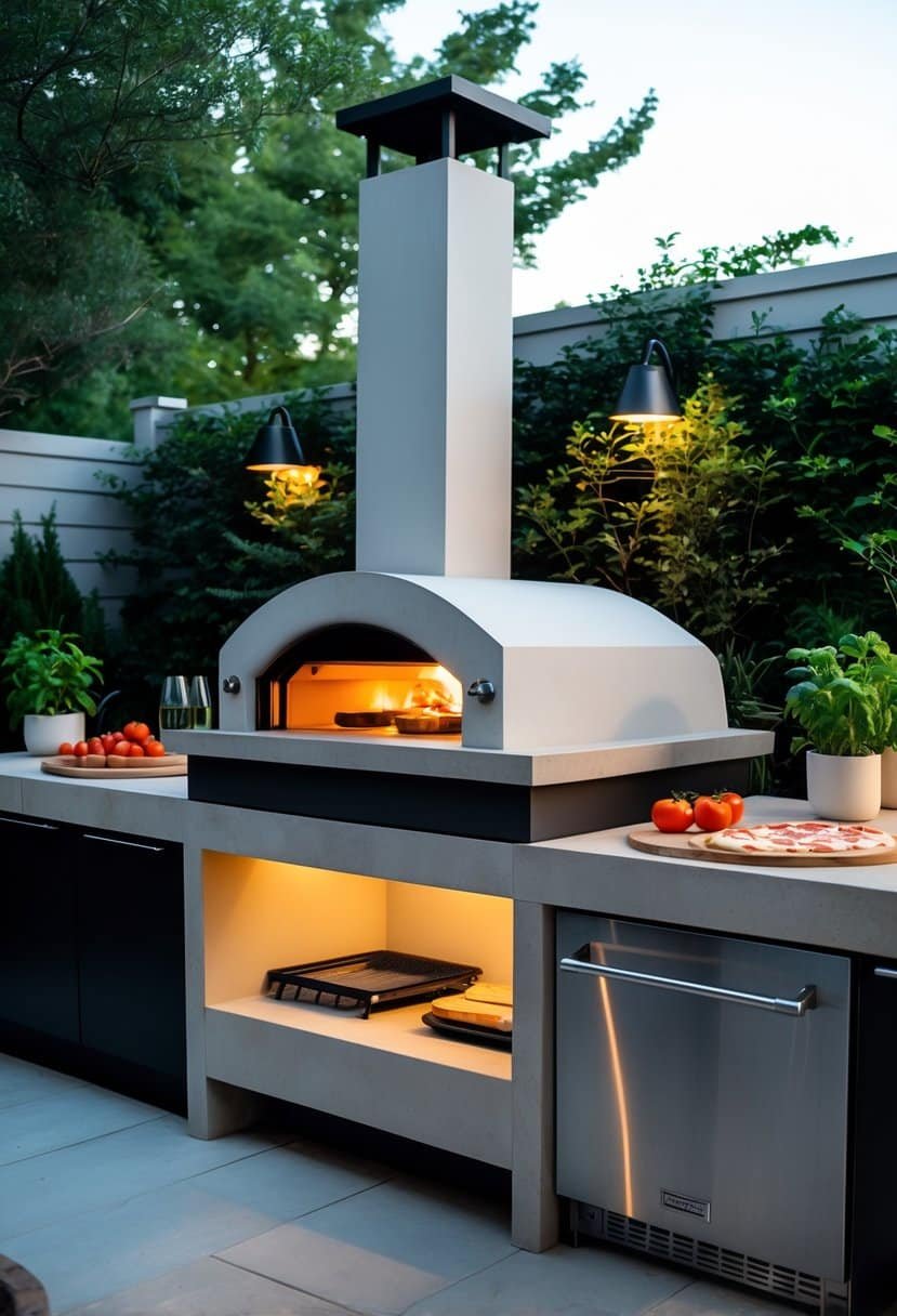 Outdoor kitchen with a built-in pizza oven surrounded by countertops, fresh ingredients, and garden greenery.