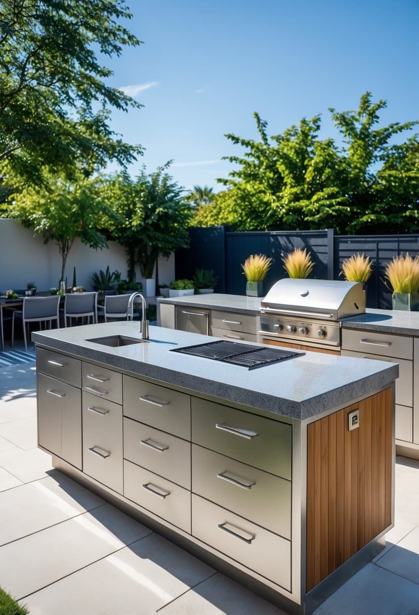 Outdoor kitchen with L-shaped island and under-counter storage on a sunny patio.