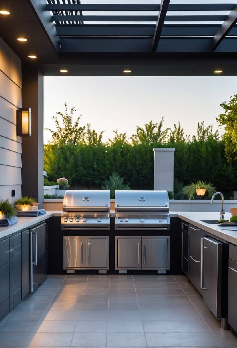Outdoor kitchen with covered stainless steel appliances on a patio surrounded by greenery.