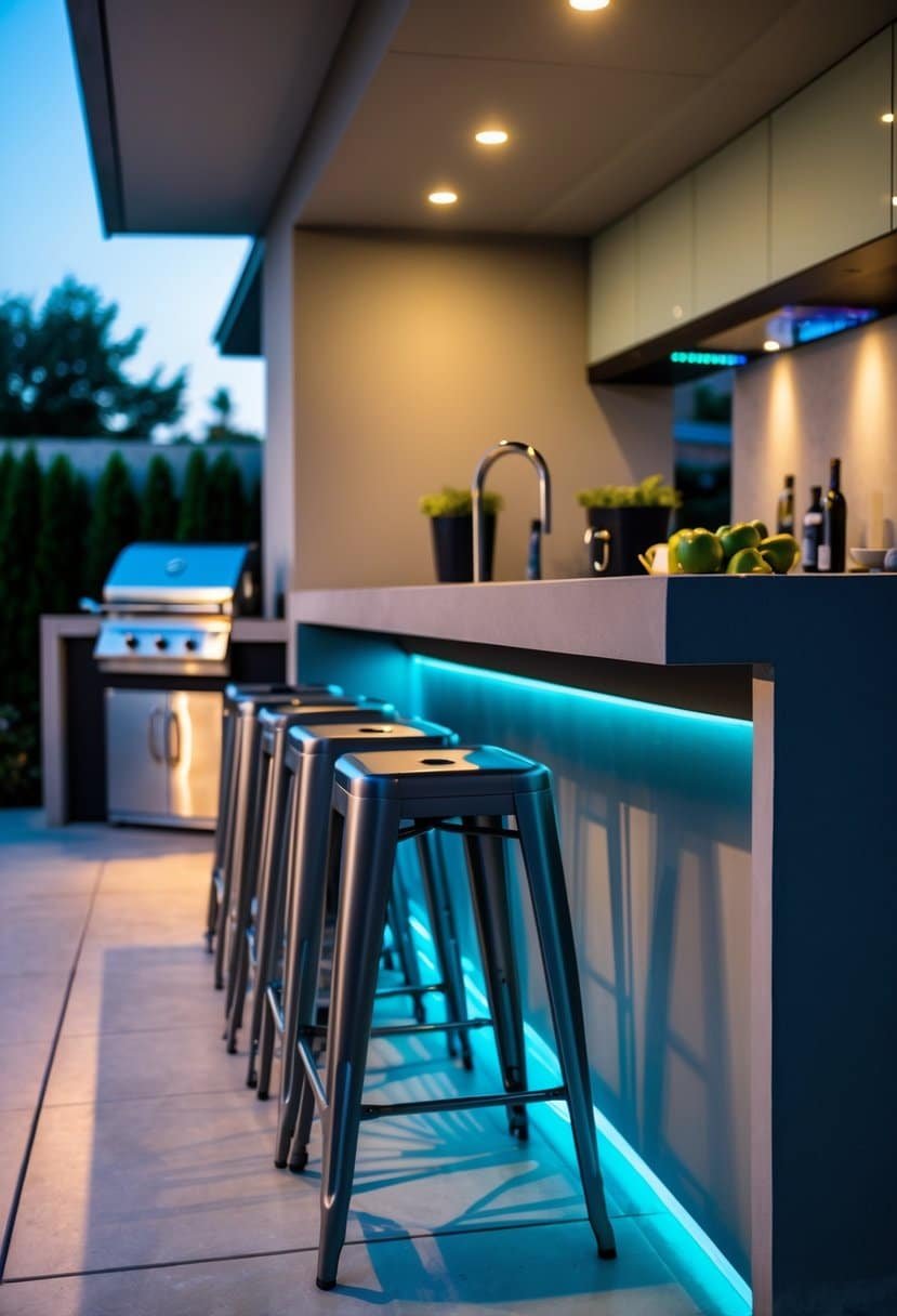 Outdoor kitchen with a bar counter, metal stools, and LED lighting underneath the bar.