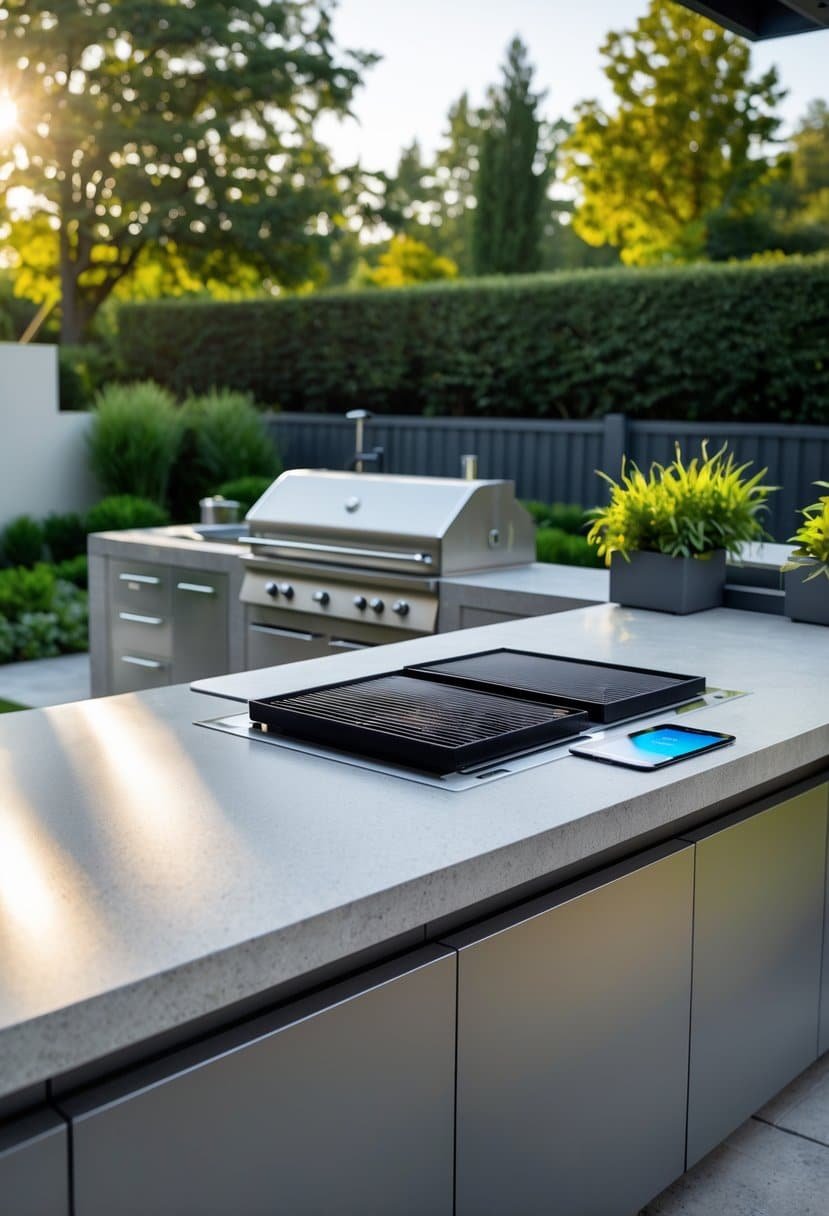 An outdoor kitchen with modern grills and digital control panels surrounded by greenery.