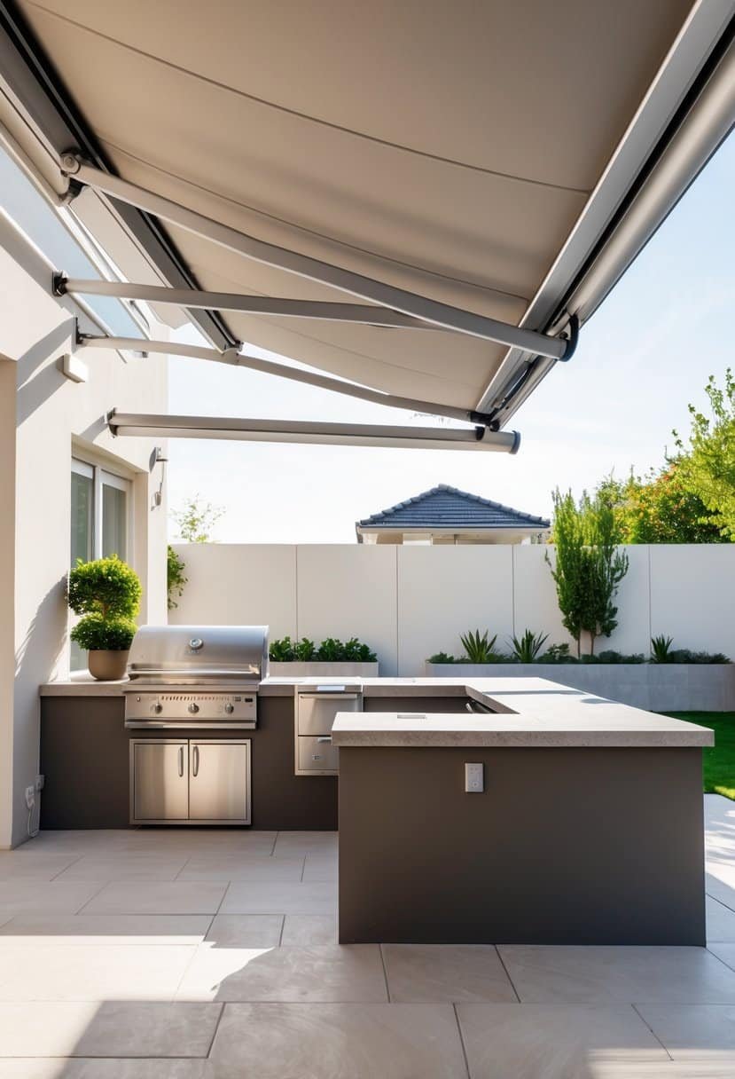 Outdoor kitchen space with a retractable awning, stainless steel appliances, and stone countertops.