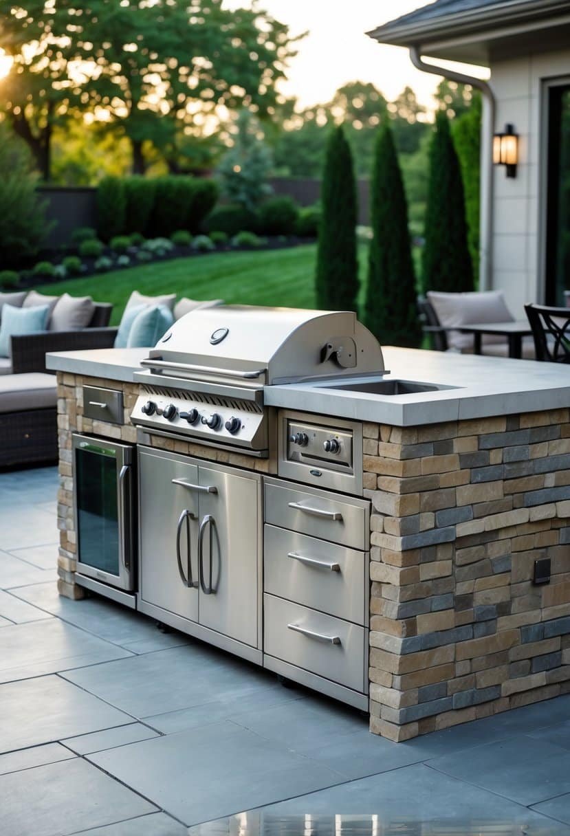 Outdoor kitchen with a grill island featuring a prep sink, surrounded by greenery and seating.