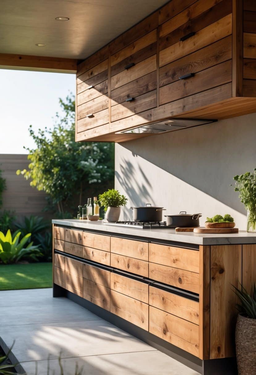 An outdoor kitchen with wooden cabinets and smooth, handle-free fronts under natural sunlight.