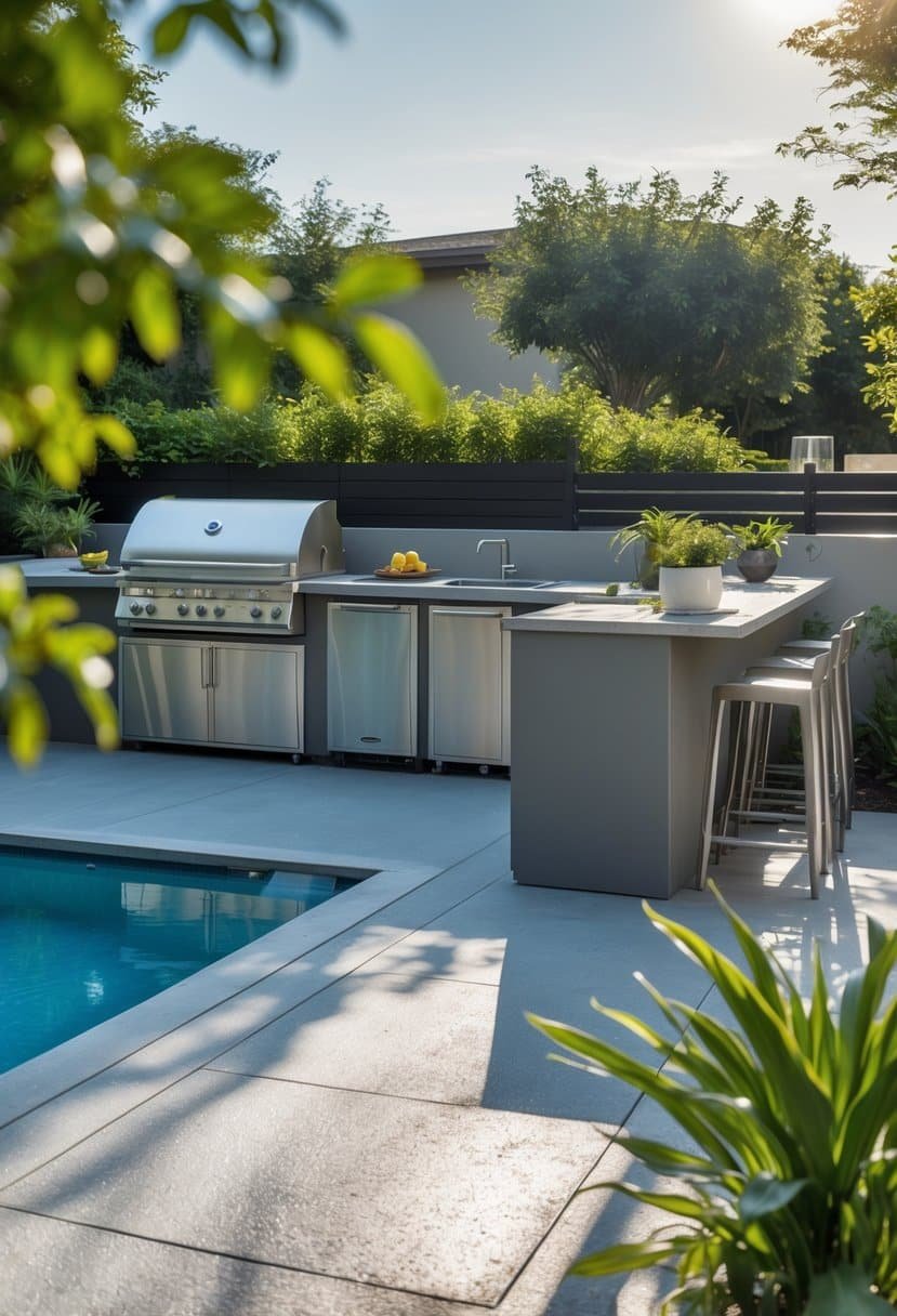 Outdoor kitchen next to a swimming pool with stainless steel appliances, countertops, bar stools, and waterproof flooring surrounded by greenery.
