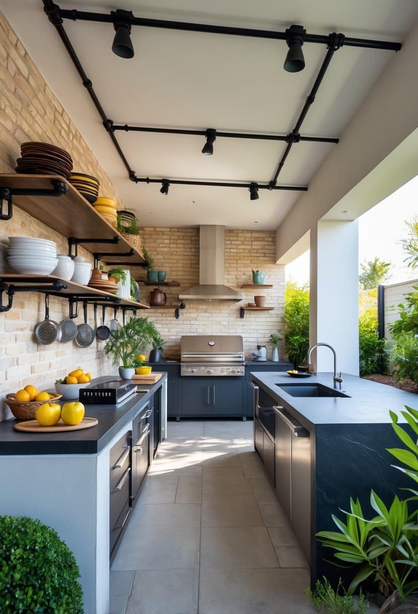 Outdoor kitchen with metal pipe shelves, stone countertops, grill, sink, seating, and plants.