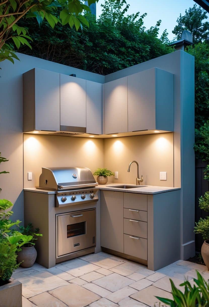 A compact outdoor kitchen set up in the corner of a small patio with a grill, sink, and countertop surrounded by plants.