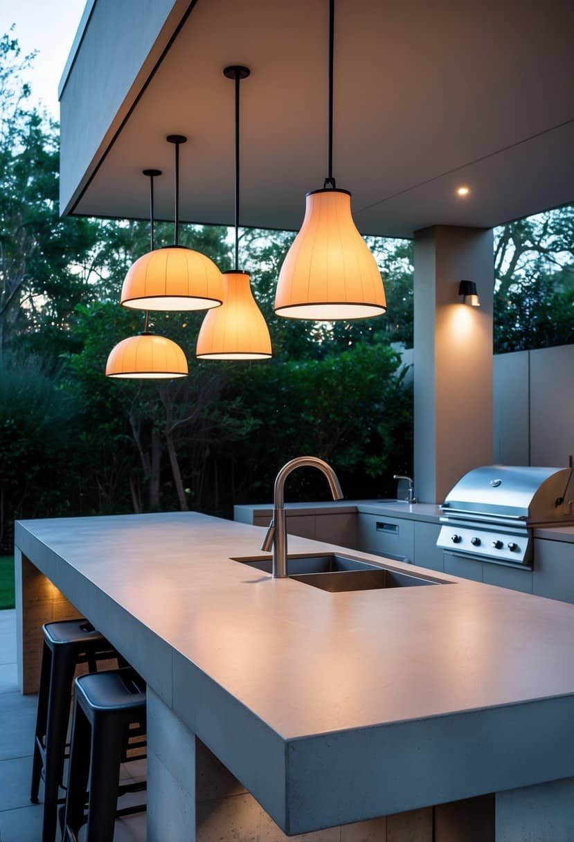 Outdoor kitchen with a large island workspace illuminated by hanging pendant lights.