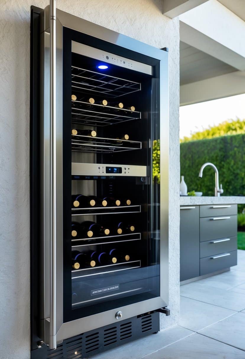 Built-in wine cooler with temperature control in an outdoor kitchen setting.