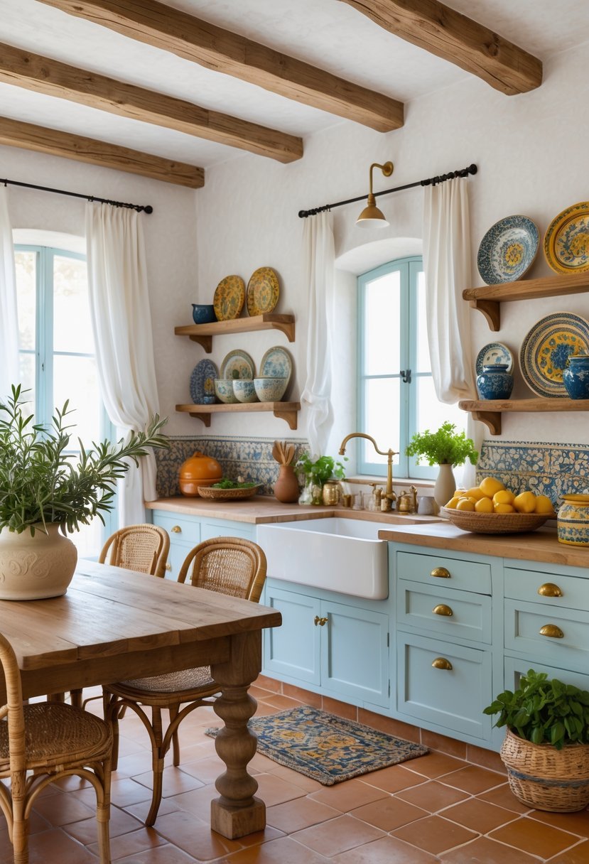 A bright kitchen with wooden beams, a rustic dining table, pastel blue cabinets, terracotta floor tiles, and fresh herbs on the windowsill.