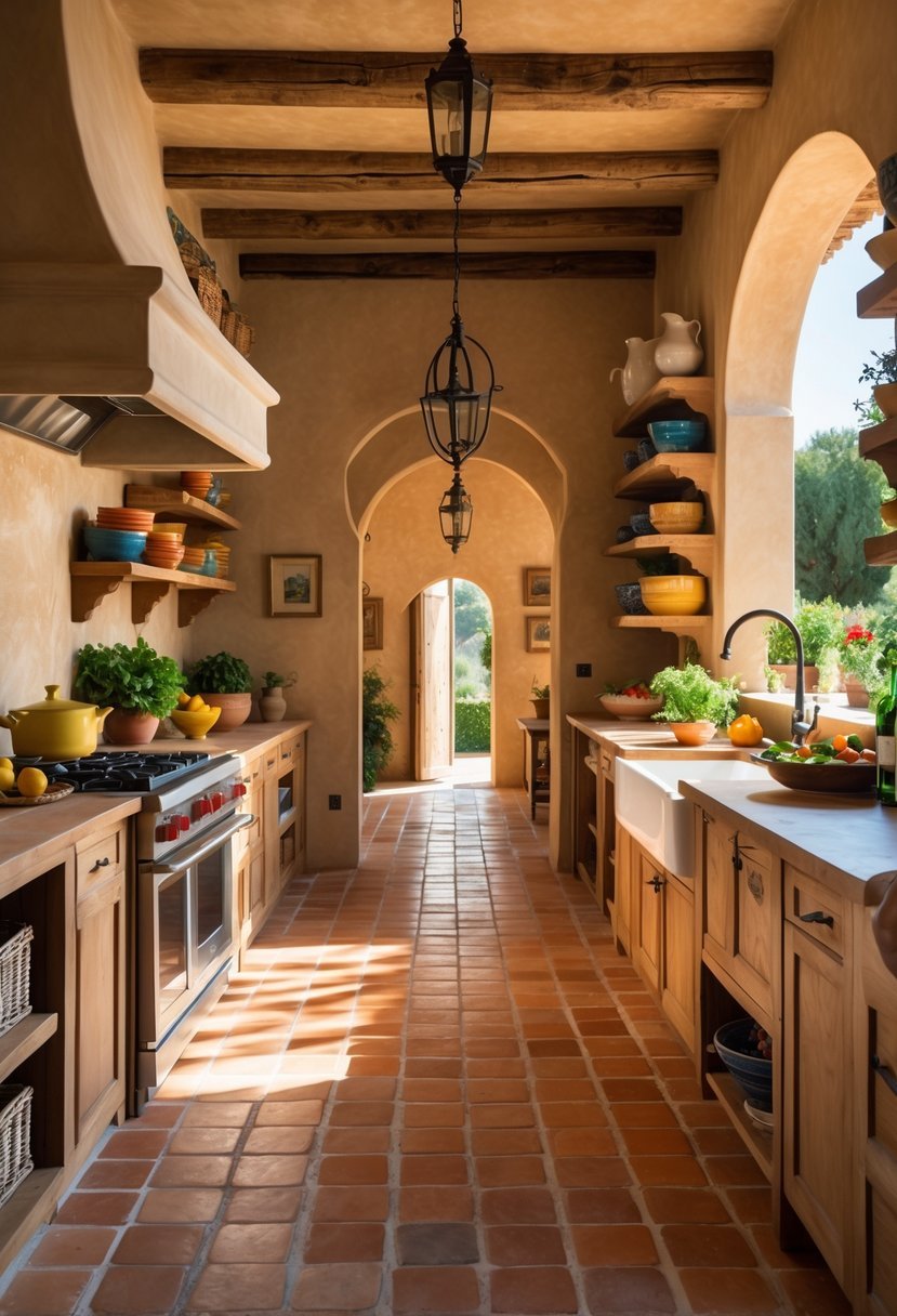 A bright kitchen with terracotta tile flooring, wooden cabinets, a central island, and natural light coming through large windows.