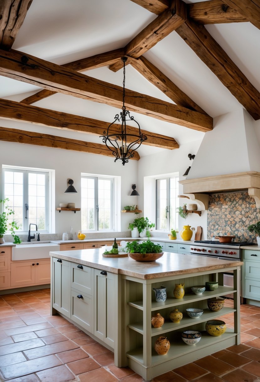 A bright kitchen interior with exposed wooden ceiling beams, a large island, and natural light coming through windows.
