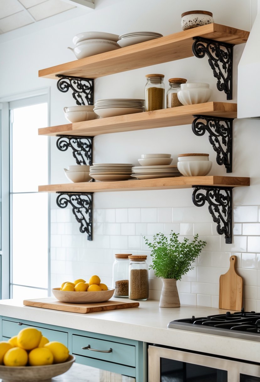 A kitchen with open wooden shelves held by wrought iron brackets, displaying dishes and plants above a countertop with kitchenware and fresh lemons.