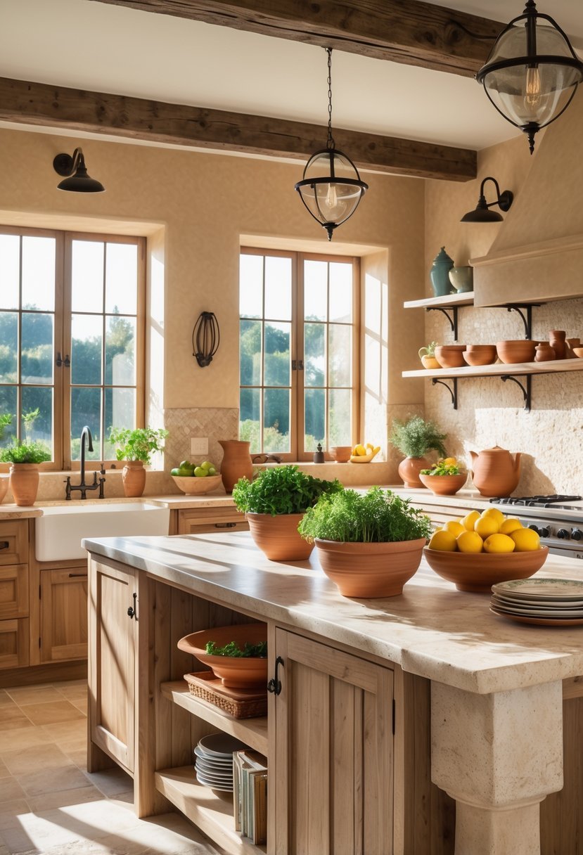 A bright kitchen with natural stone countertops, wooden cabinets, and sunlight coming through large windows illuminating a kitchen island with herbs and fruit.