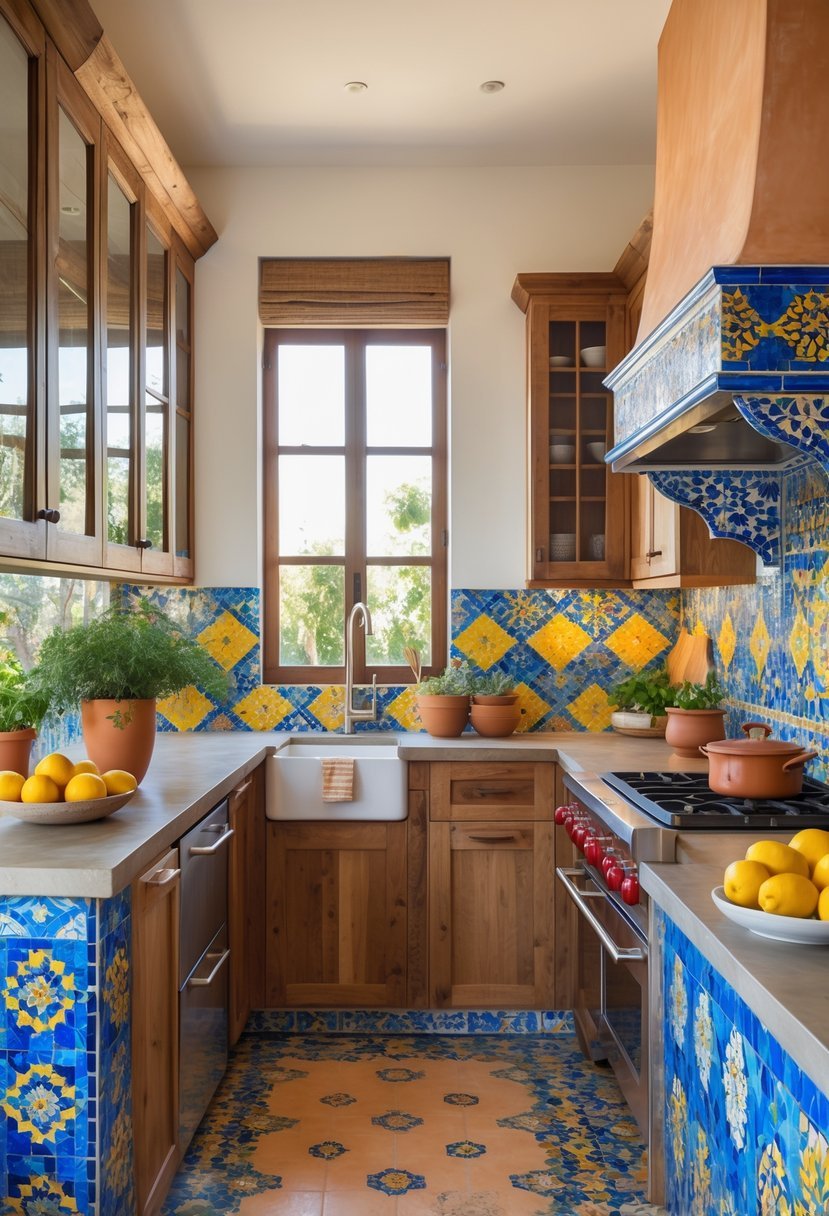 A kitchen with colorful mosaic tile accents on the backsplash and countertops, wooden cabinets, and natural light coming through windows.