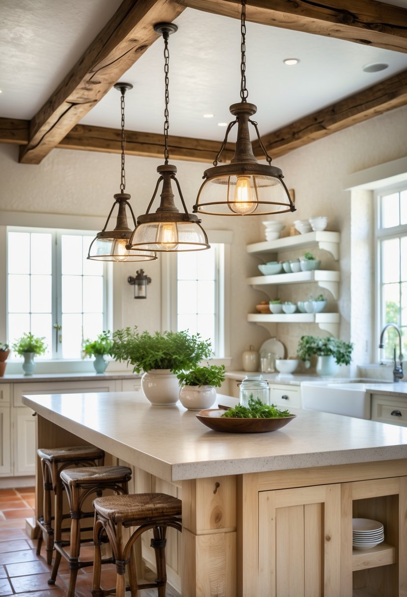 A bright kitchen with three pendant lights hanging over a wooden island, featuring white walls, wooden beams, and open shelves with kitchen items.