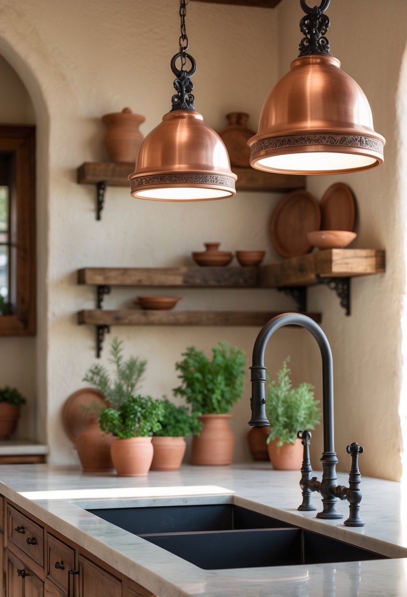 A bright kitchen with copper and wrought iron fixtures, including cabinet handles, pendant lights, and a faucet over a marble countertop, with decorative plants and wooden shelves in the background.