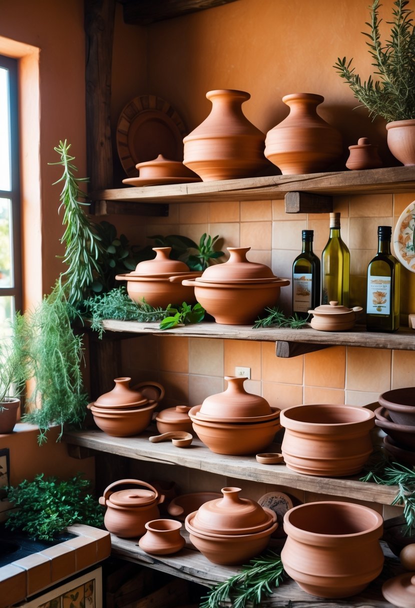 A kitchen shelf displaying terracotta and clay cookware with herbs and olive oil bottles in natural light.