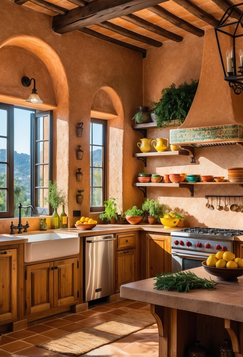 A bright kitchen interior with textured plaster walls, wooden cabinets, a kitchen island with fruit, and potted plants.