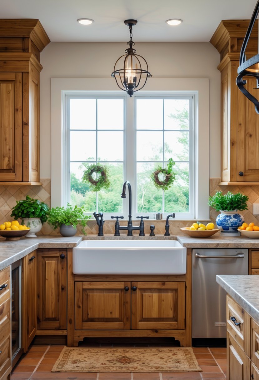 A bright kitchen with a large farmhouse sink under a window, surrounded by wooden cabinets and stone countertops.