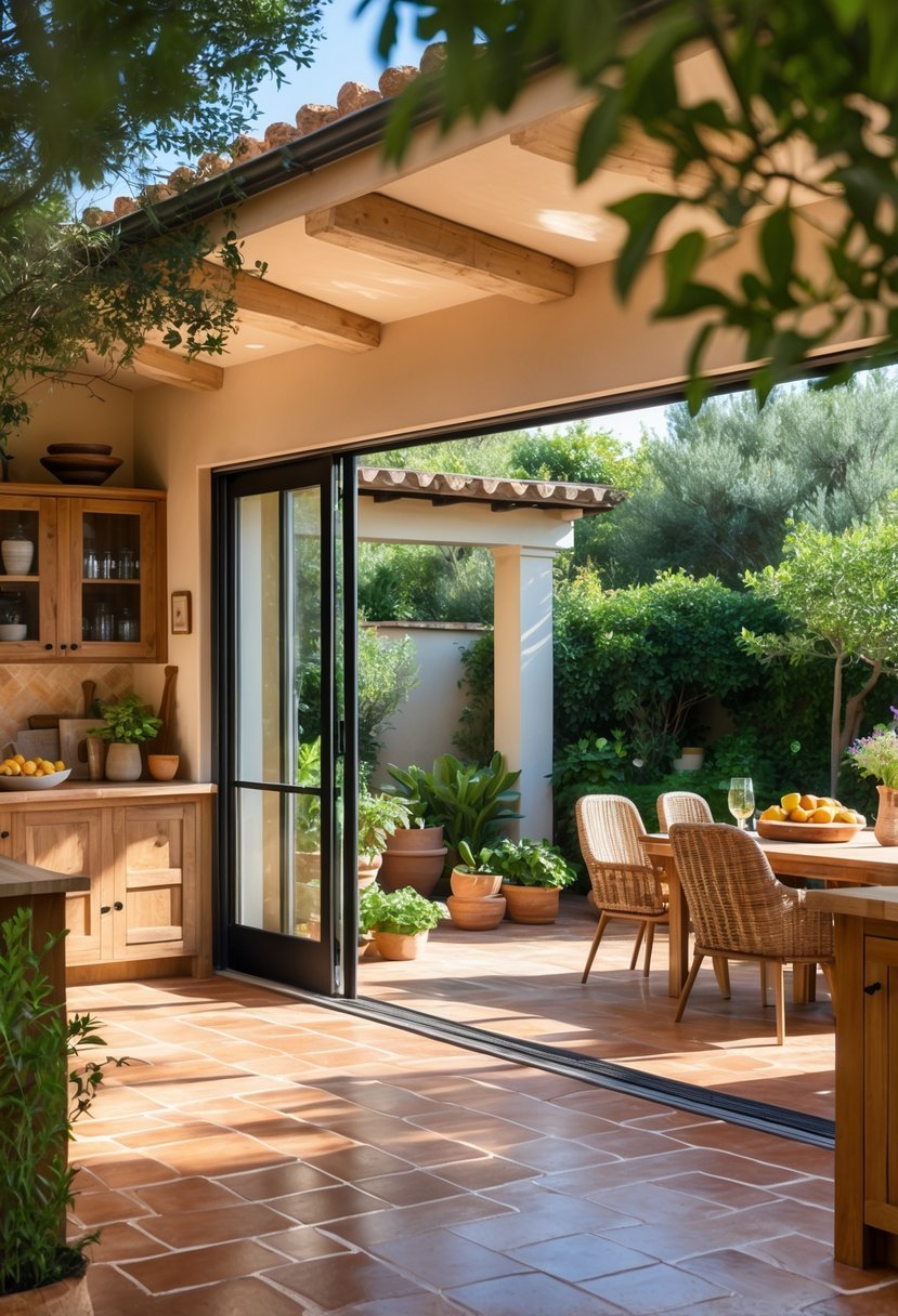 Open kitchen with large glass doors opening to an outdoor dining area surrounded by plants.