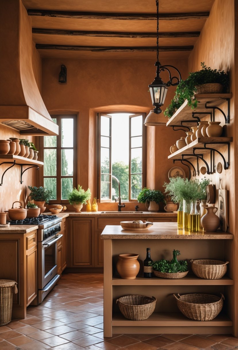 A Mediterranean kitchen interior with wooden cabinets, terracotta floors, a stone countertop island, and natural light illuminating pottery and herbs.