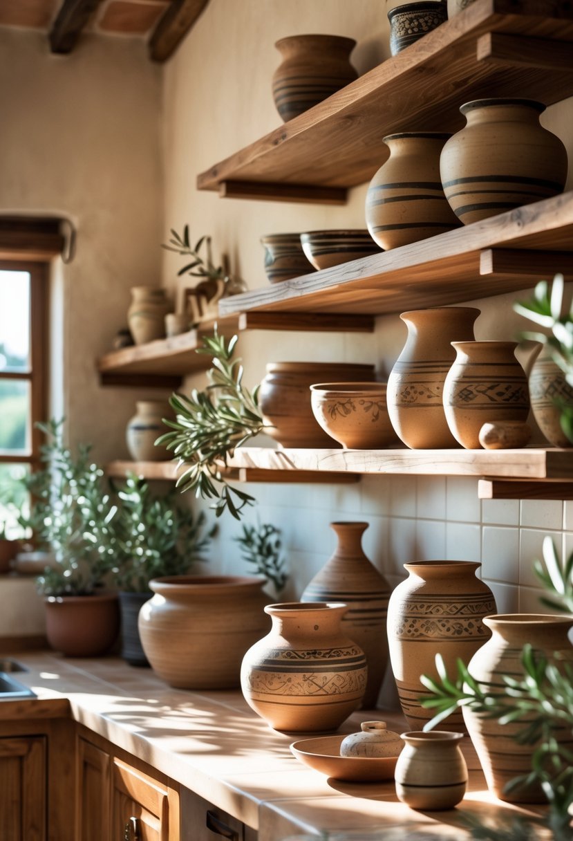 A sunlit kitchen with handcrafted pottery displayed on wooden shelves and countertops, surrounded by fresh herbs and natural light.