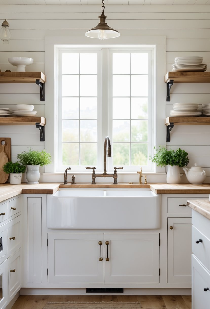A bright kitchen with a large white apron-front sink under a window, wooden countertops, and kitchen shelves with dishes and plants.