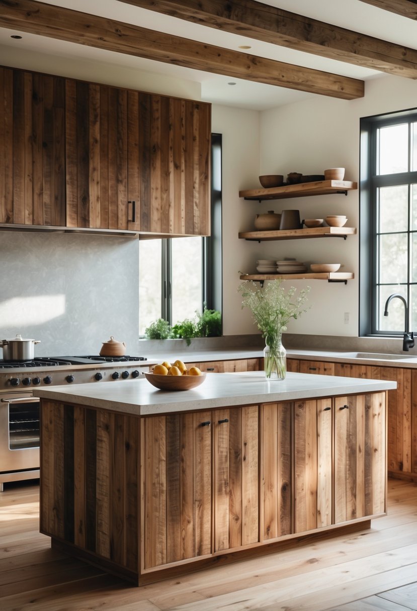 A bright kitchen with wooden cabinets, a large island, stainless steel appliances, open shelves, and natural light coming through windows.