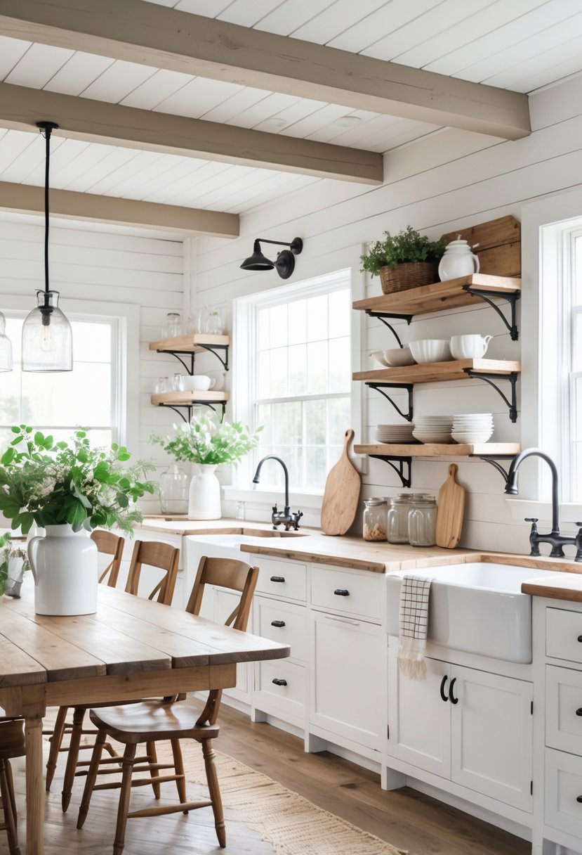 A bright kitchen with white wooden walls, a large wooden dining table, open shelves with dishes, and natural light coming through windows.