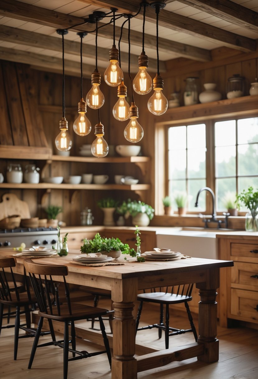 A kitchen with wooden cabinets, a large sink, a wooden dining table, and pendant lights hanging above it.