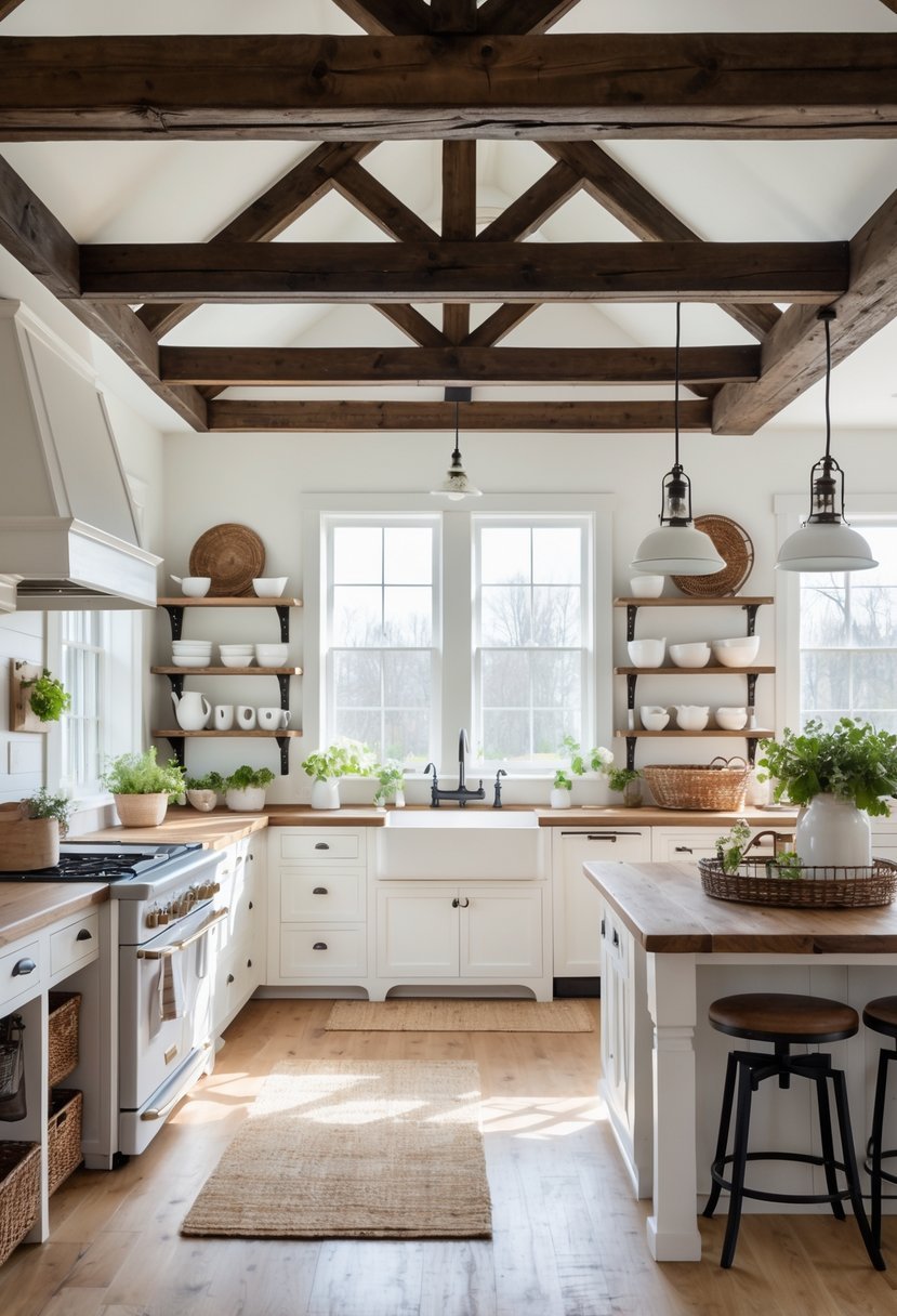 A bright kitchen with exposed wooden ceiling beams, a large island, white cabinets, and hanging pendant lights.