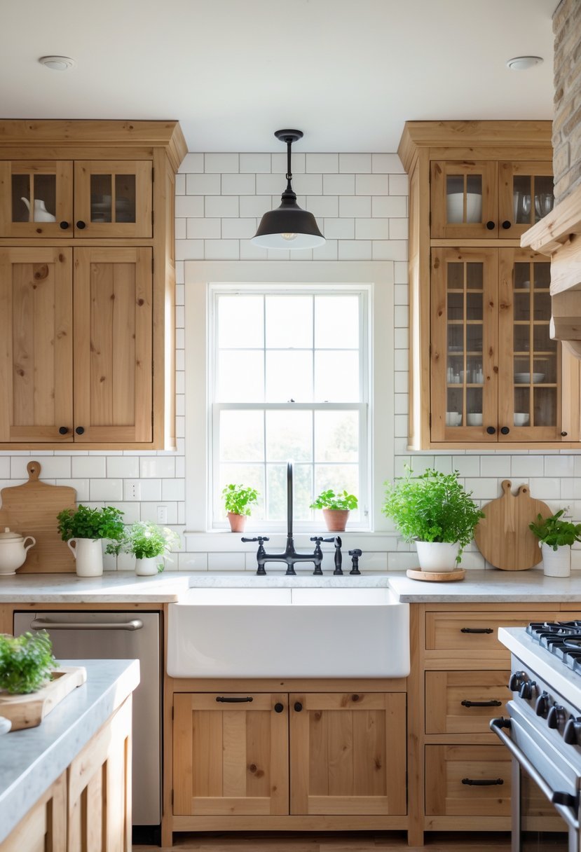 A bright kitchen with white subway tile backsplash, wooden cabinets, a farmhouse sink, and natural light coming through a window.