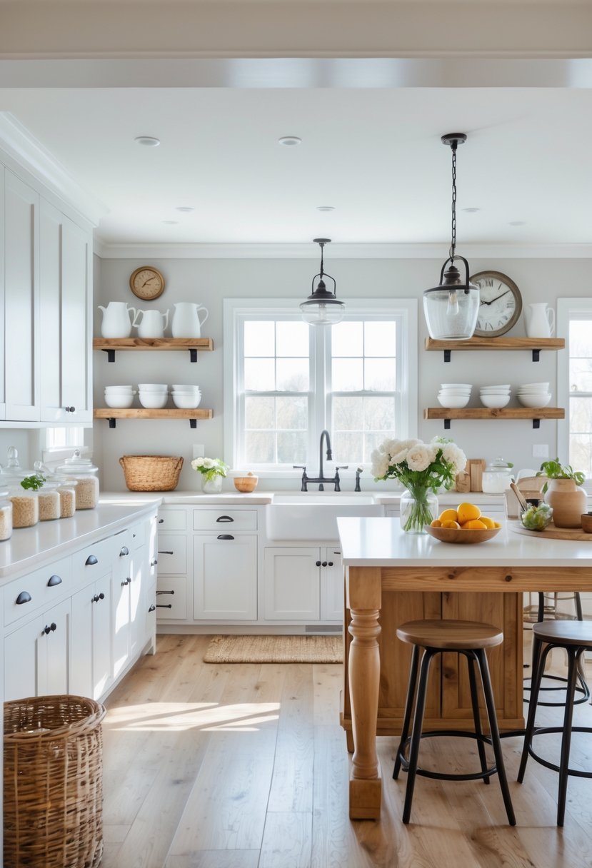 Bright and spacious kitchen with white wooden cabinets, a large island, and natural light coming through windows.