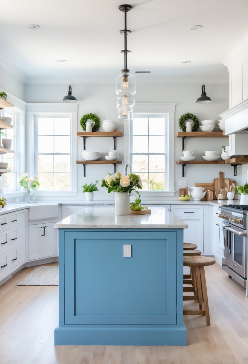 A bright kitchen with a sky blue island, white cabinets, wooden shelves, and stainless steel appliances.