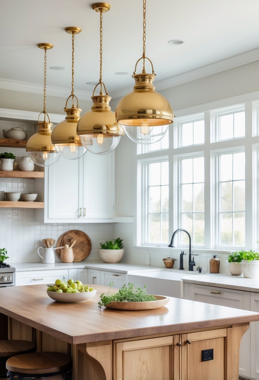 A bright kitchen with gold pendant lights hanging over a wooden island, white cabinets, and large windows letting in natural light.
