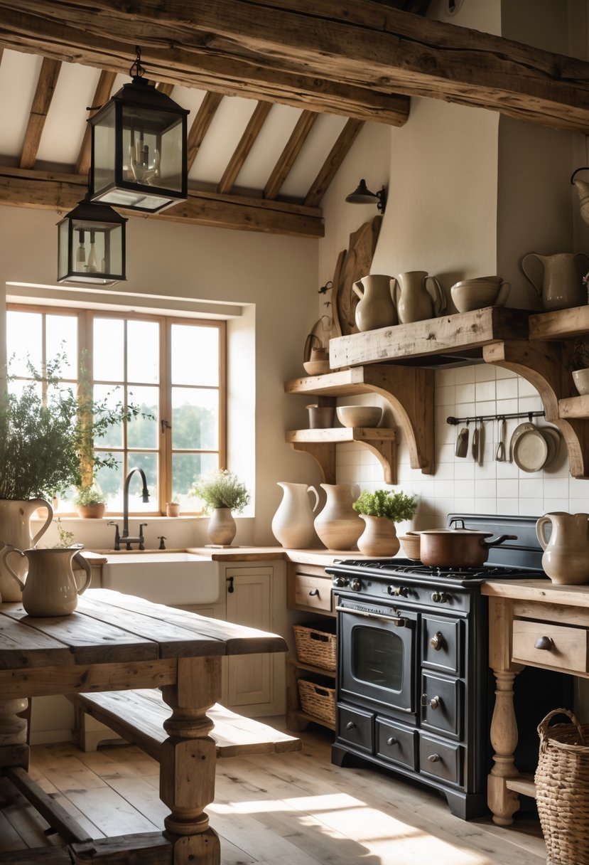 A cozy kitchen with wooden furniture, vintage kitchenware, and natural light coming through large windows.