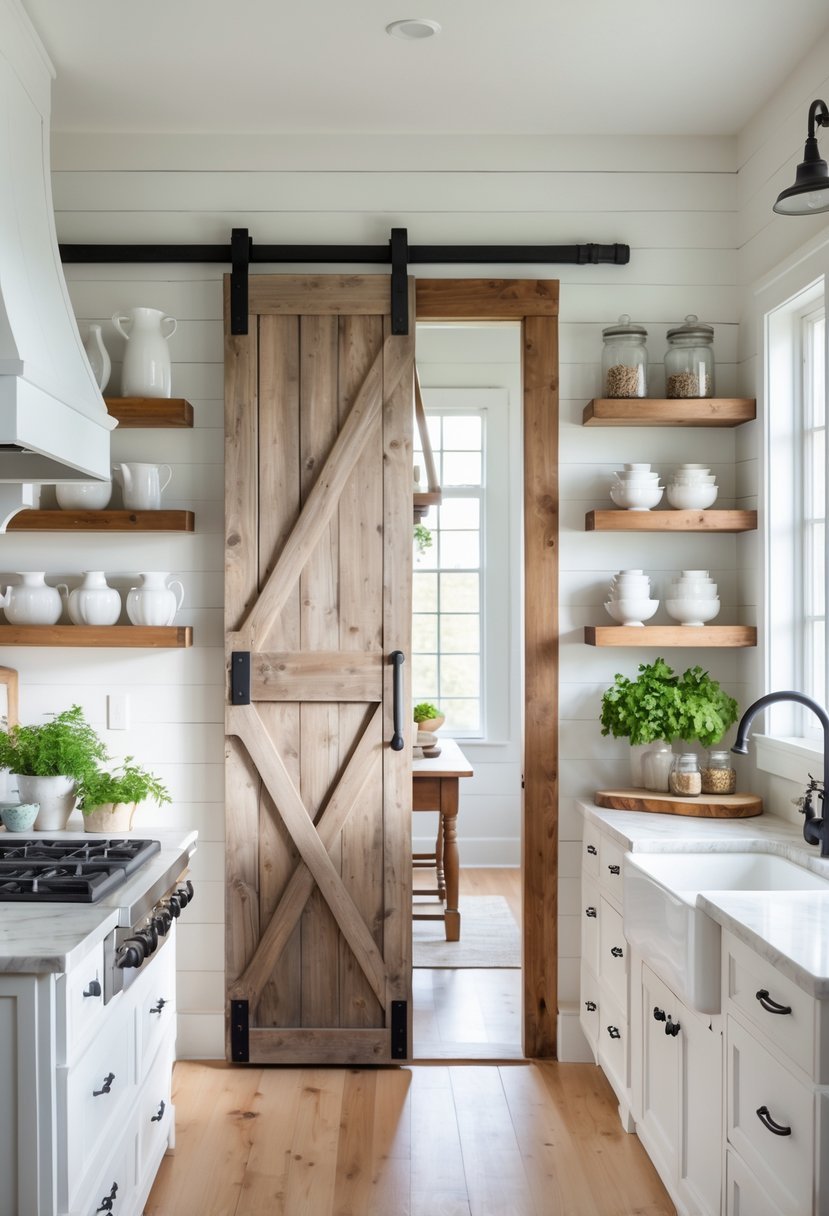 A bright kitchen with a wooden sliding barn door pantry, white cabinets, wooden shelves, and a central island.