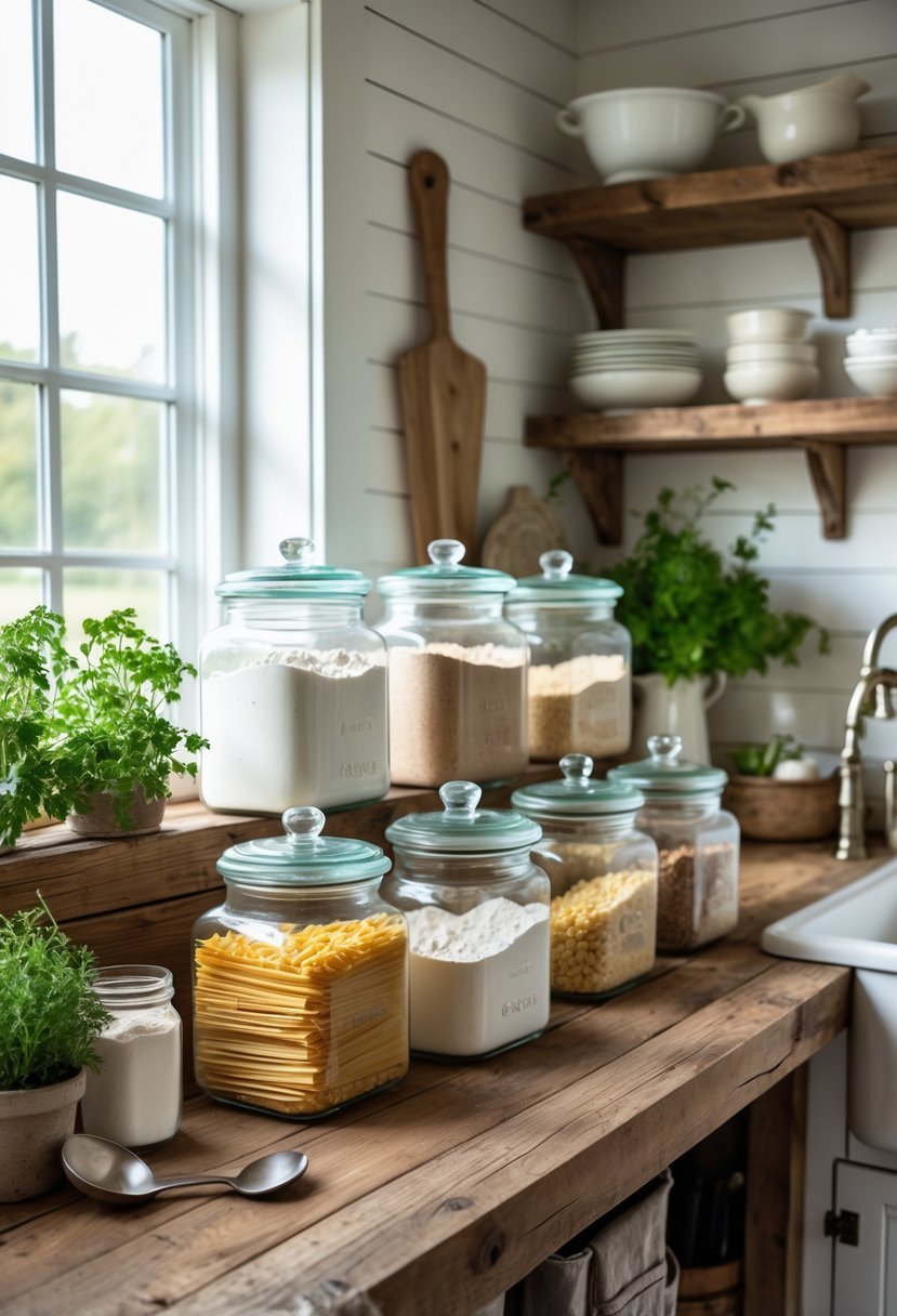 A kitchen countertop with clear mason jars filled with dry ingredients arranged on wooden shelves and surrounded by kitchen utensils and plants.
