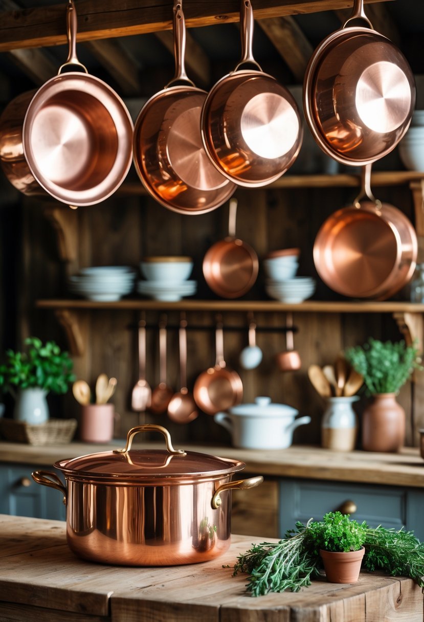A farmhouse kitchen with copper pots and pans hanging above a wooden island and shelves with dishes and herbs.