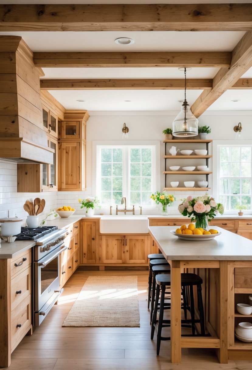 A bright kitchen with wooden cabinets, a large island with stools, open shelves, and sunlight coming through windows.
