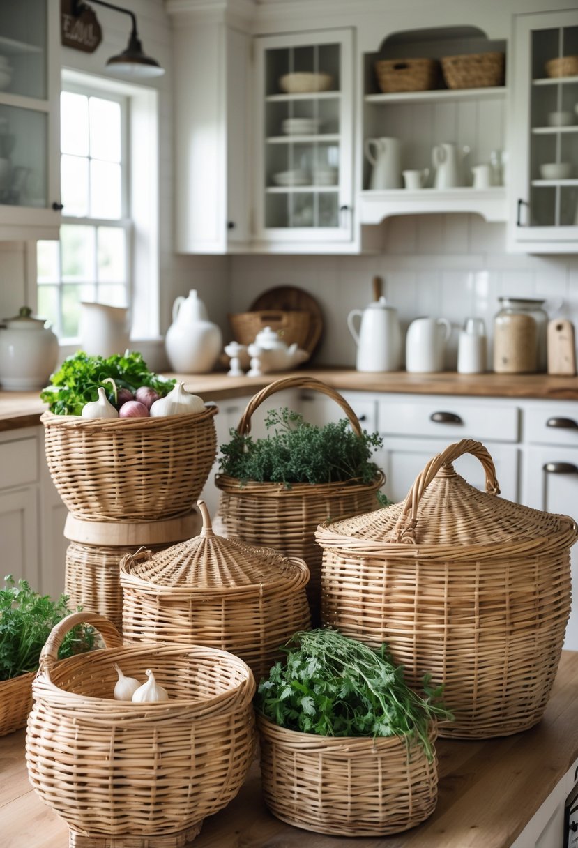 A collection of woven wicker baskets displayed on a wooden kitchen countertop with fresh produce and kitchen items around them.