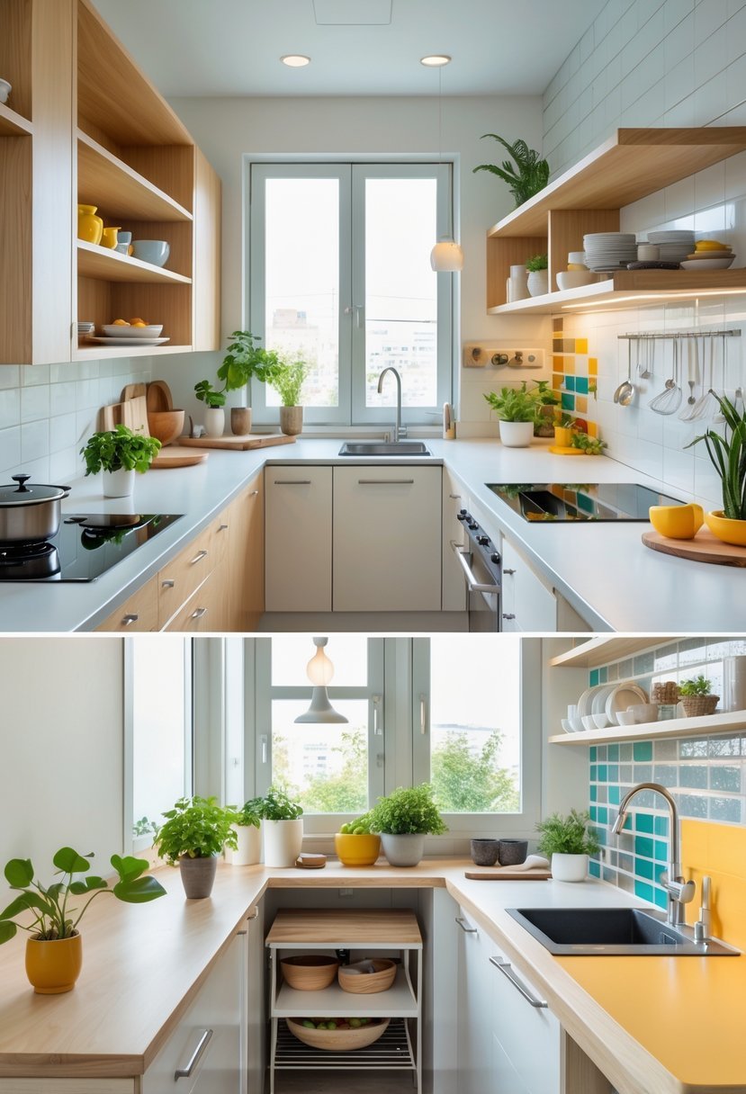 A small, well-organized kitchen with modern cabinets, appliances, and decorative plants illuminated by natural light.