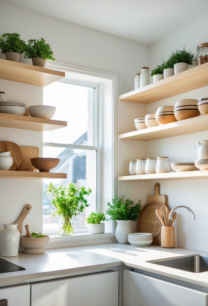 A small kitchen with open shelves displaying kitchenware and plants, creating a bright and spacious feel.