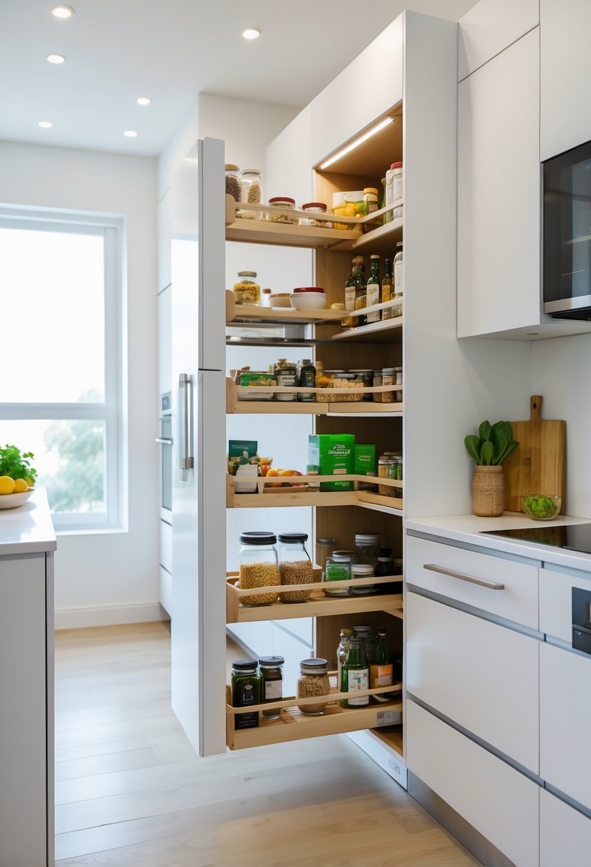 A small kitchen with pull-out pantry cabinets extended, showing organized shelves filled with food items.