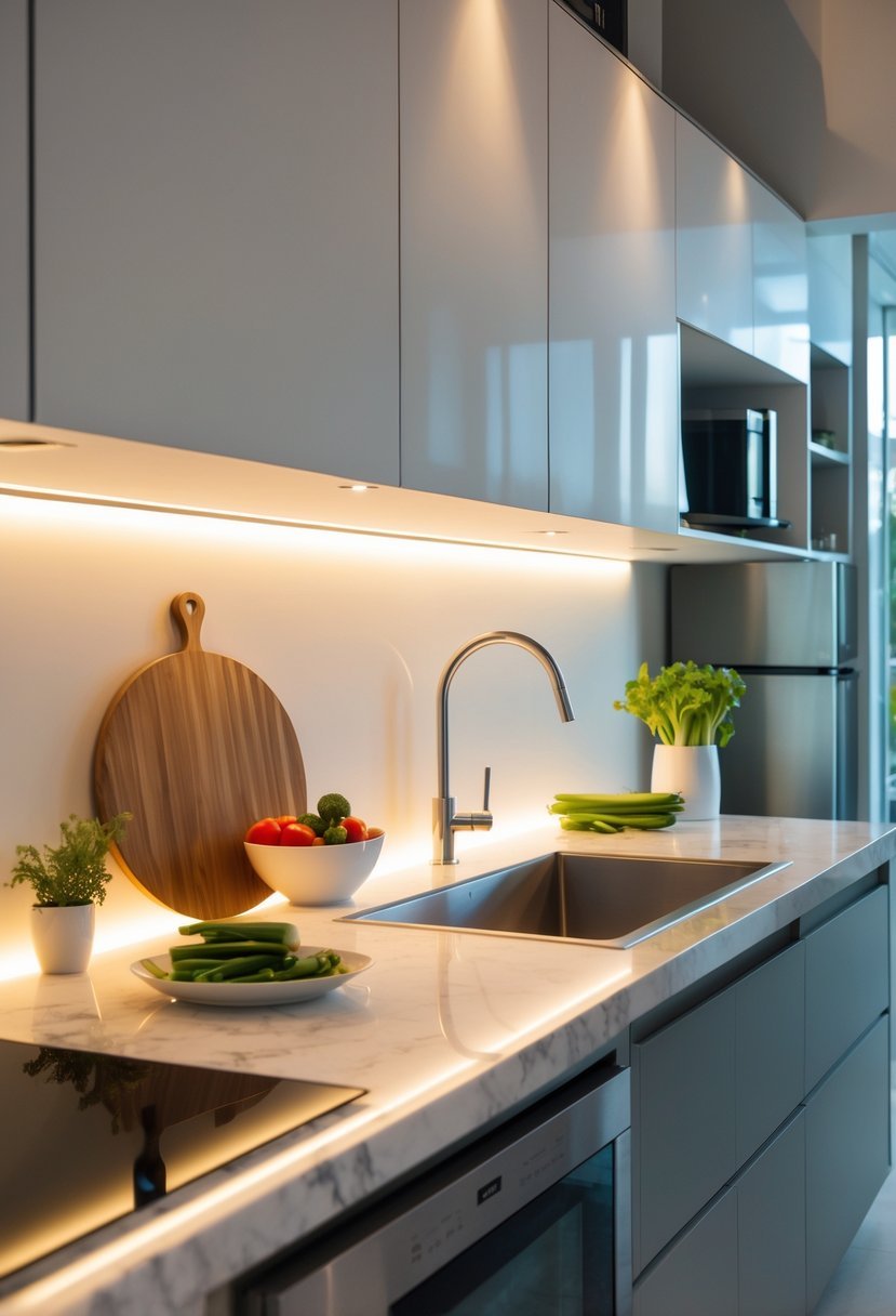 A small kitchen with under-cabinet lights illuminating the countertops and modern kitchen appliances.
