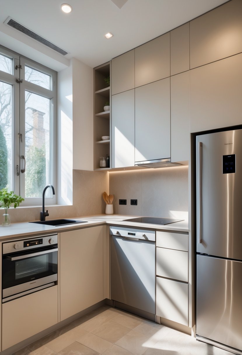 A small kitchen with built-in appliances and efficient use of space, including a built-in oven, slim dishwasher, and integrated refrigerator.