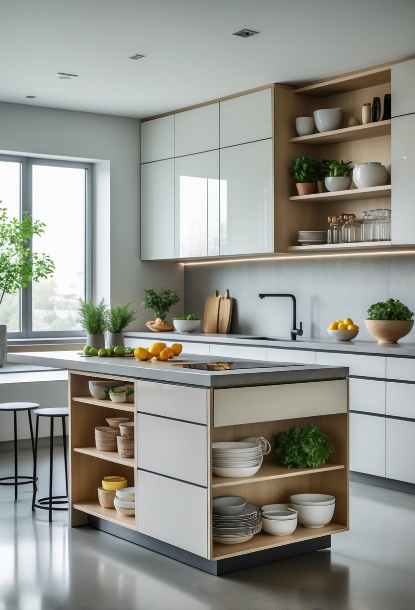 A small kitchen with a multi-functional island featuring storage drawers and shelves, surrounded by kitchen appliances and bar stools.